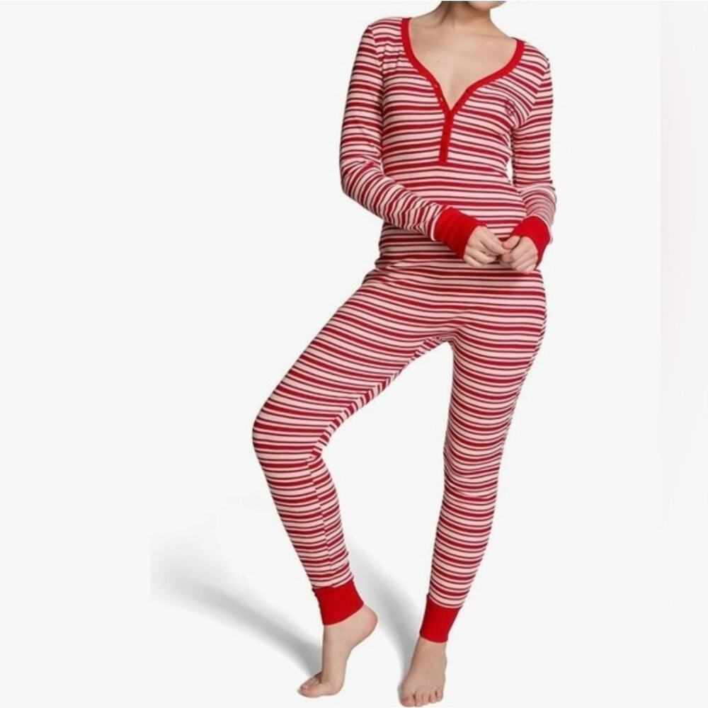 Victoria's Secret PINK Red and White Striped Pajama Onesie Womens M EUC Monogram